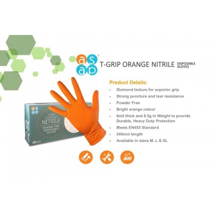 ASAP T-Grip Orange Nitrile Powder Free Mechanical Working Gloves (50's per box) ASAP T-Grip Orange Nitrile Powder Free Mechanical Working Gloves (50's per box)