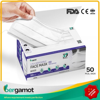 Bergamot 2 Ply Non-woven Disposable Face Mask Earloop 50's (White) Bergamot 2 Ply Non-woven Disposable Face Mask Earloop 50's (White)